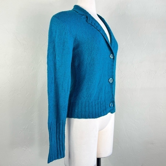 Vintage Teal Turquoise Wool Blend Button Down V neck Long Sleeve Cardigan - Picture 8 of 15